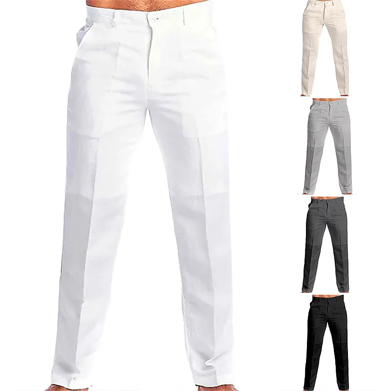 

Men's Cotton Linen Pants With Pocket Straight Tube Solid Color Breathable Daily Casual Pants Mid Waist Fashion Trousers