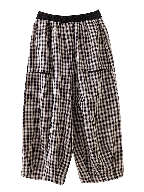 Retro Cotton Linen Plaid Wide Leg Pants Women Summer Casual Seven-Foot Loose Large Size Fat MM Match Lantern Pants