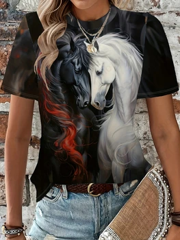 Women T-shirt 3d Horse Print Tshirt Women Fashion Crew Neck Short Sleeve T-shirt Animal Graphic T Shirt Ladies Tops Tees Y2k