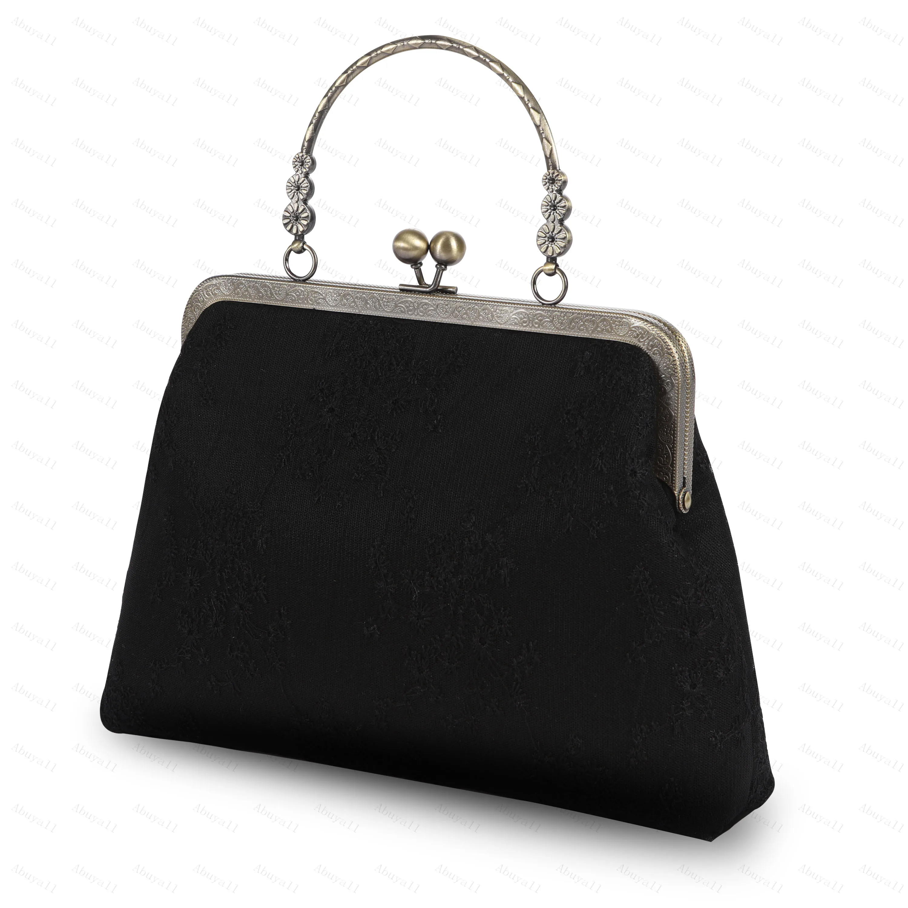 Abuyall Kiss Lock Top-Handle Handbag Vintage Fall Evening Lace Tote Canvas Purse Chain Strap Metal Frame Crossbody Bag Women