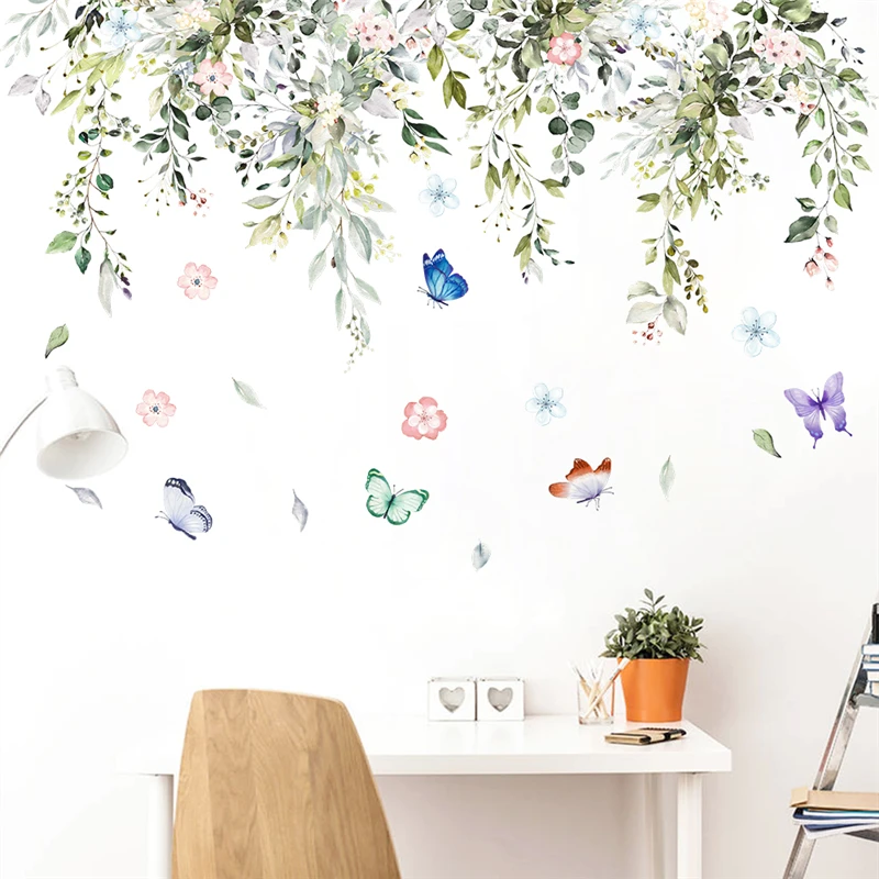 

Colorful Flower Vine Leaf Butterfly Wall Stickers For Store Office Home Decoration Plants Mural Art Pvc Decals Pastoral Posters