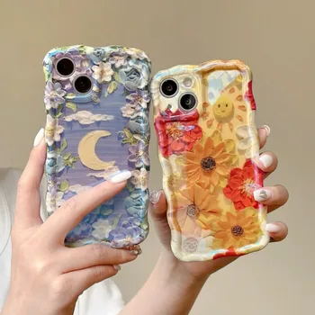 Advanced Blue Light Oil Painting Flower Moon Suitable for Apple 14promax Phone Case 13 New Women's 15/12/11 Soft Silicone
