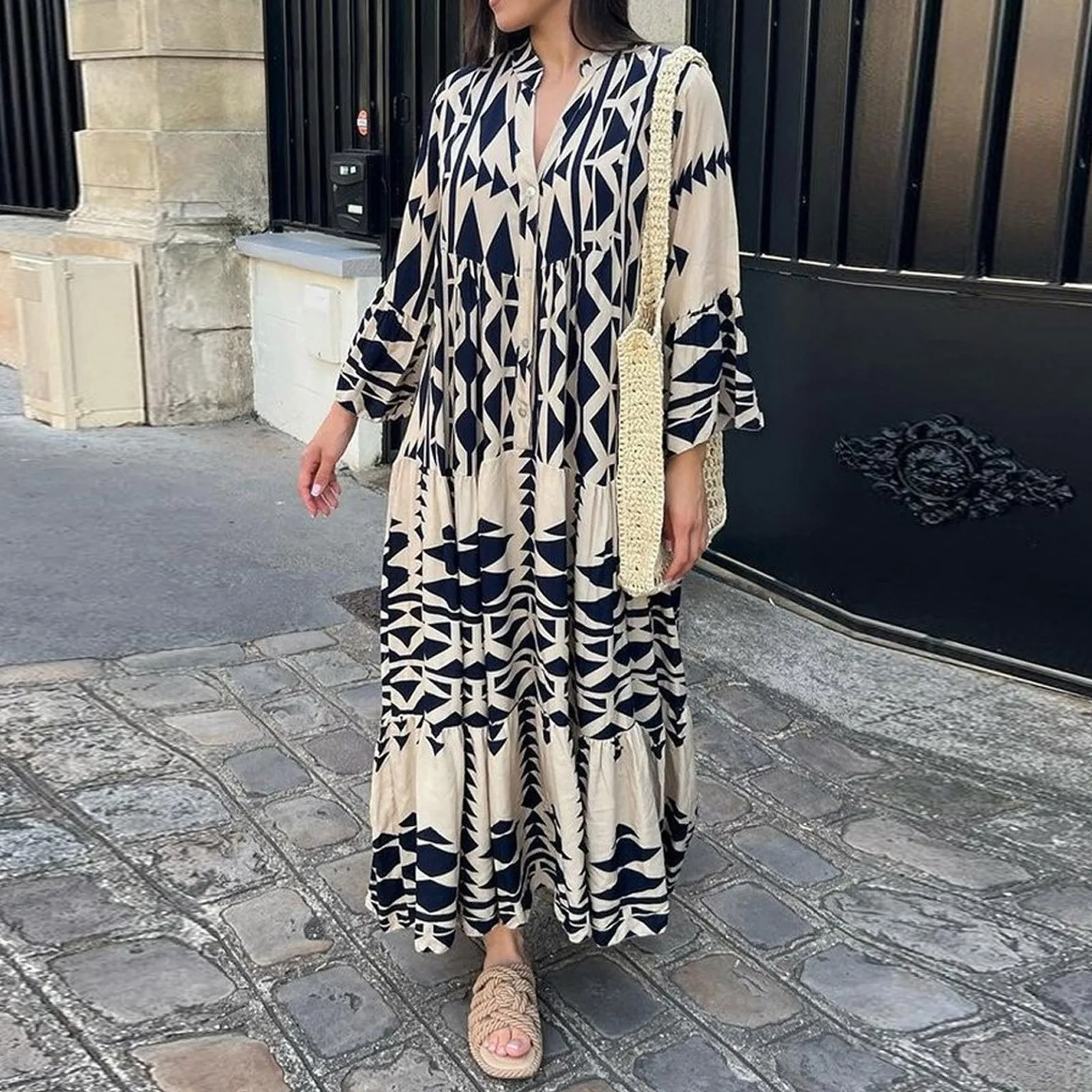 

Long Sleeve Dress For Womens Pleated V Neck Plus Size Tiered Maxi Dress Casual Boho Loose Flowy Beach Print Comfy Maxi Dress