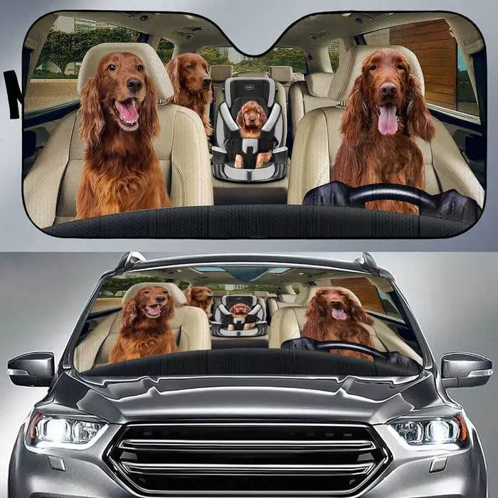 

Funny Irish Setter Dog Family Driving Car Sunshade, Four Irish Setter Dogs Driving Together Auto Sun Shade, Windshield Visor for