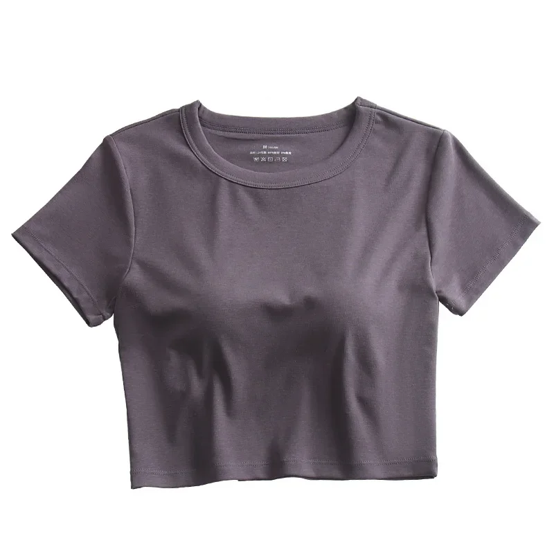 Women's Short Sleeve T-Shirt Summer Short Style with Chest Pad Mini Belly Button Exposure Small round Neck Half Sleeve Base Shir