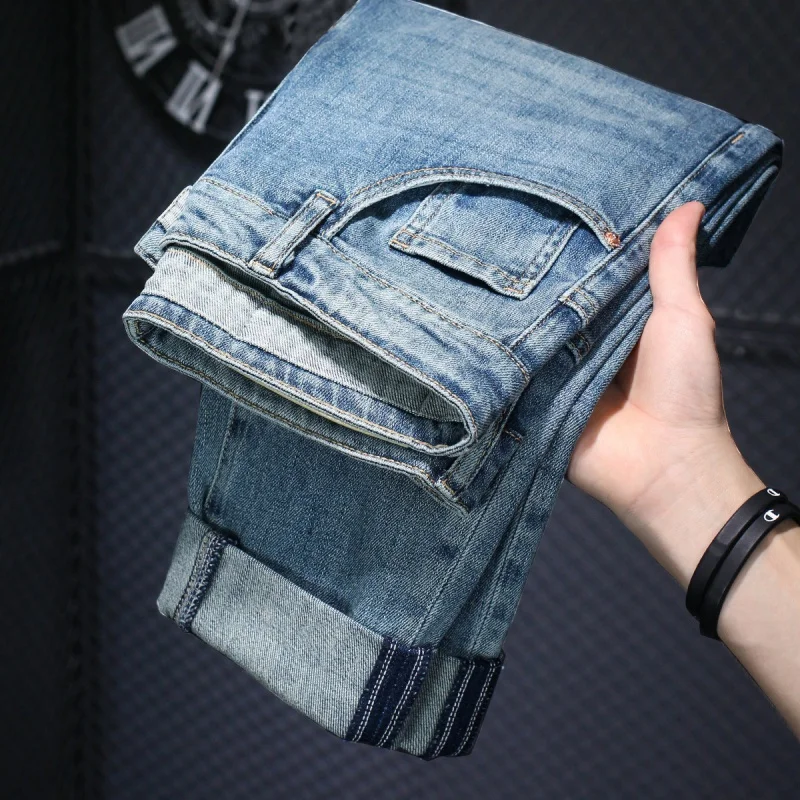 2024Spring and Summer Cropped Jeans Men's Soft Breathable Retro Trendy Printed Stretch Slim Fit Skinny High-End Trousers