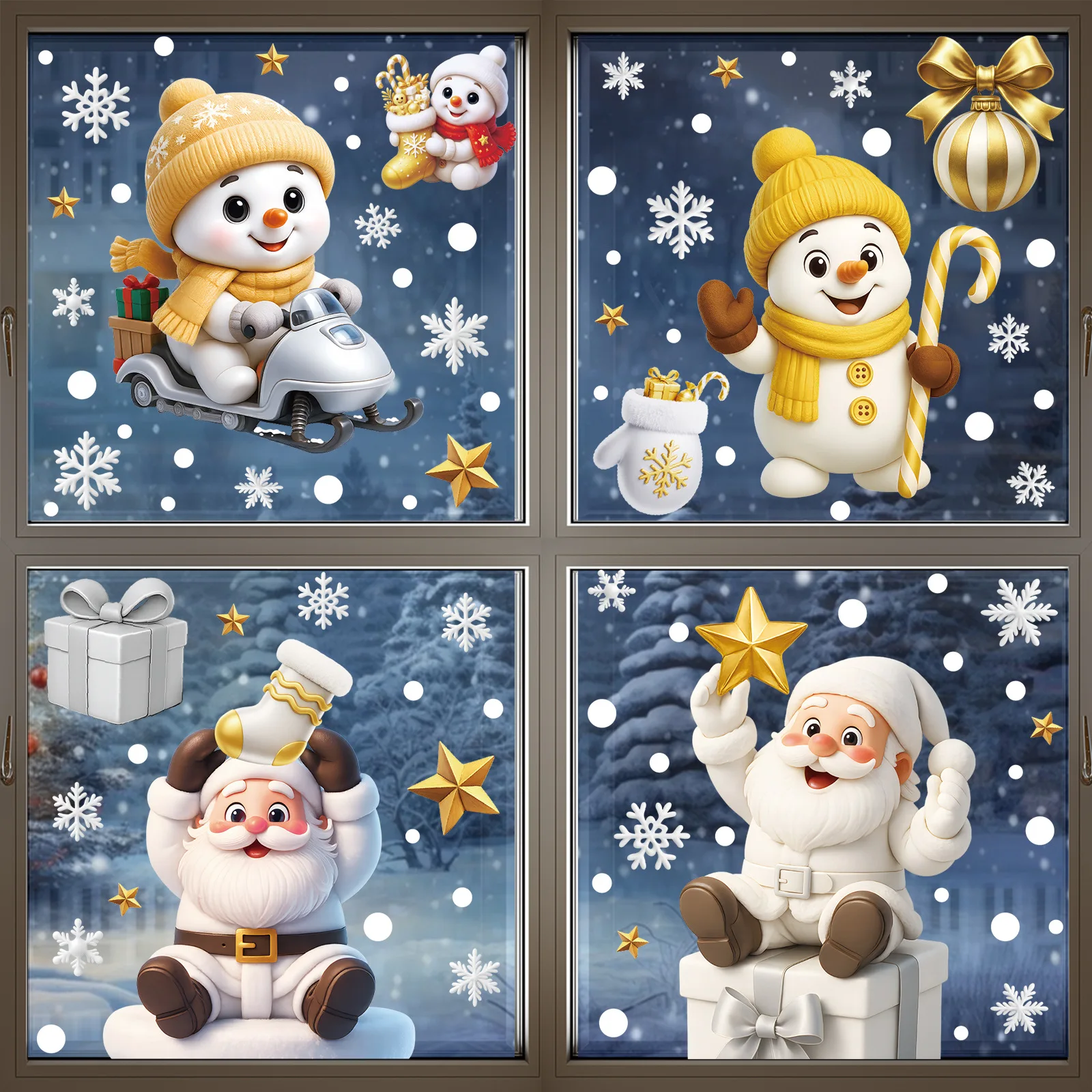 Set of 4 Christmas Static Cling Stickers Gold Reindeer Snowman Snow House Wreath Window Decals Complete Holiday Decorations Kit