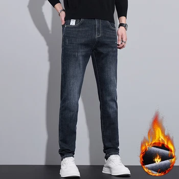 Trendy Winter Winter Slim Fit Warm Brushed Straight Jeans Men's Span Casual Denim Pants Dn0646