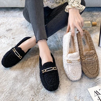 Luxury Sheep Fur Lined Loafers Women Lambswool Shoes Ladies Winter Slip On Furry Flats Cotton Wool Mocasine Femme Barefoot Boots 1