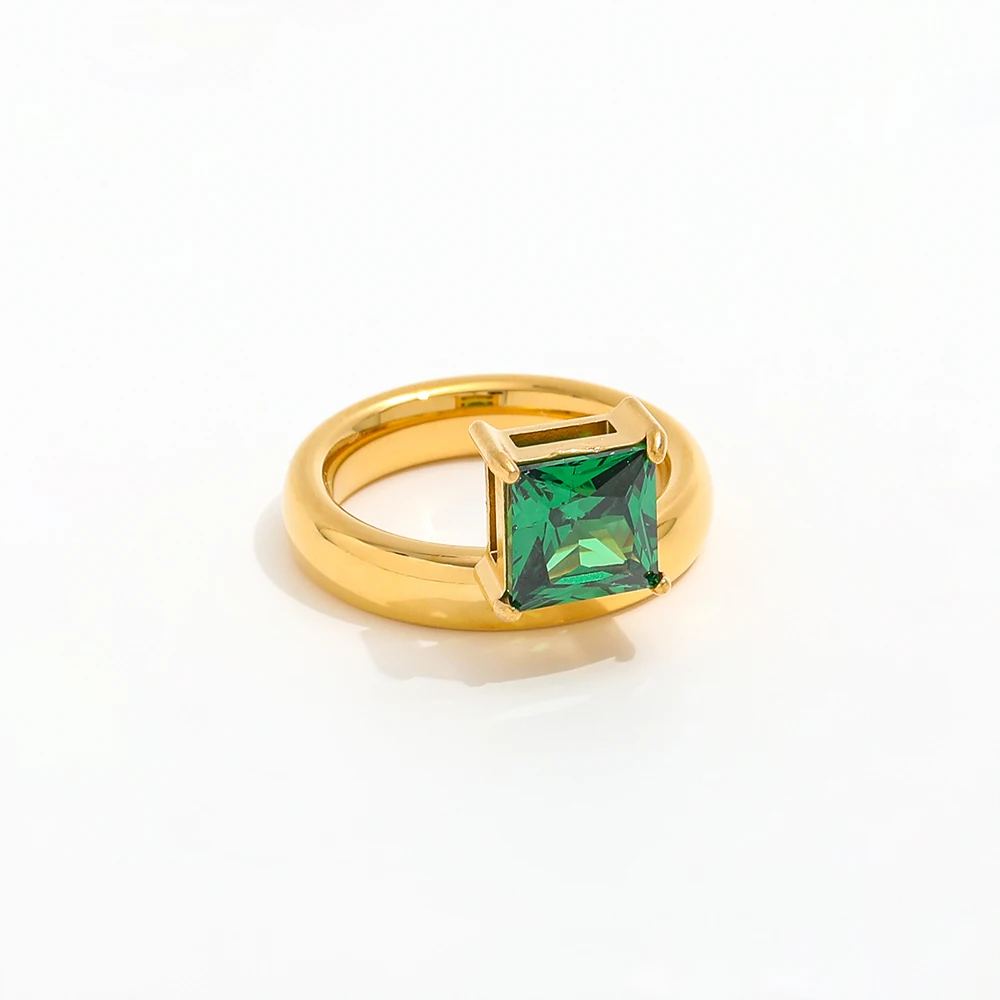 

Joolim Jewelry Wholesale High End PVD Statement Luxury Elegant Square Green Zirconia Stainless Steel Finger Ring for Women