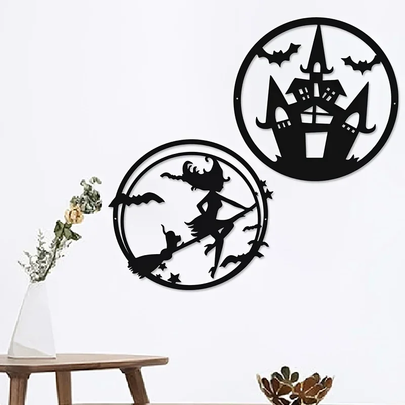 

Promotion Metal Home Decoration Halloween Witch Cat Bat Castle Pattern Frameless Pendant Creative Iron Art Metal Wall Hanging De