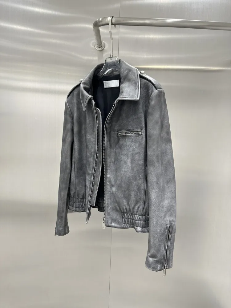 Runway Designer Women Vintage Real Cowhide Jacket Motorycle Biker Genuine Leather Coat Luxury Autumn Winter Natural Leather Coat