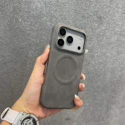 Luxury Sheepskin Feel Leather Magnetic Matte Phone Case with Magsafe Compatibility - iPhone 15 Plus (GRAY)