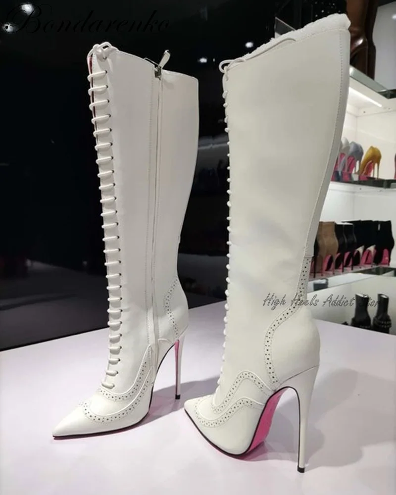 

White Lace up Patent Leathe Knee High Boots Women Black Pointed Toe Stiletto Pink Sole Heels Boot Big Size Designer Shoes