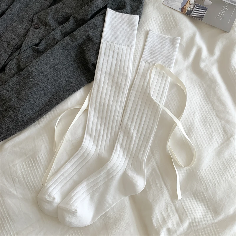 Lange Damensocken, hochwertige einfarbige Schleife, süße Kniestrümpfe, weiblich, dünn, weich, niedlich, Damenstrümpfe, gestreift, bequem – Detail 9