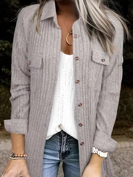 Button Pocket Ribbed Turn-Down Collar Coat Elegance Jackets Women New Autumn Winter Korean Style Long Sleeve Office Lady Coat 1