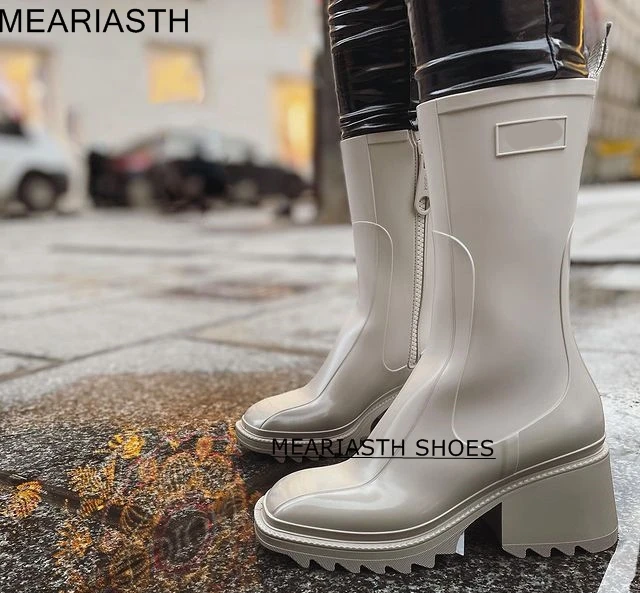 

MEARIASTH Chunky Square Heel Rain Boots Women Thick Sole Platform Ankle Boots Ladies Designer Chelsea Rubber Boots Rain Shoes