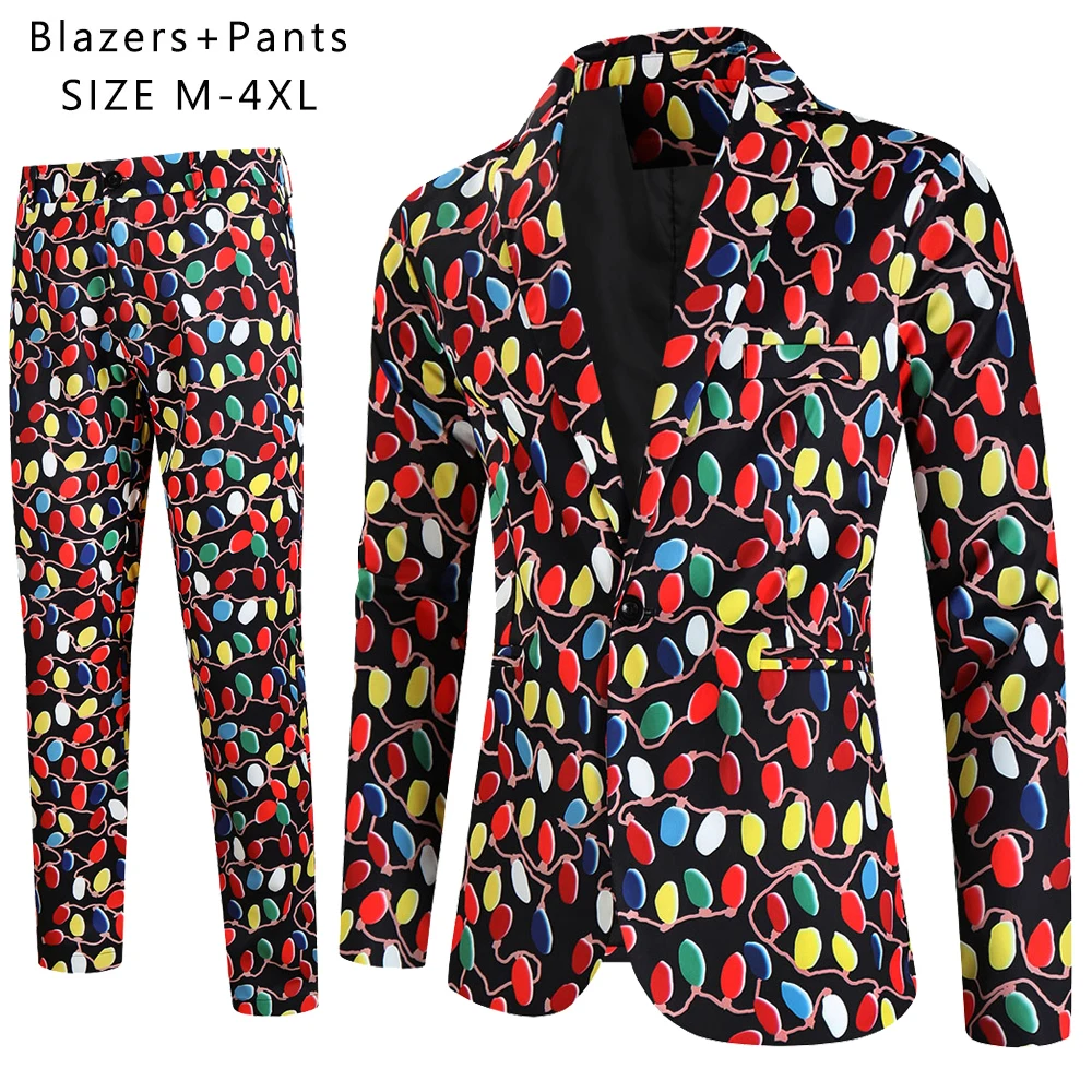 

Christmas 3D Printing Men 2 Piece Set Blazer Jacket + Trousers One Button Xmas Costumes Suits Plus Size Party Ternos Para Hombre