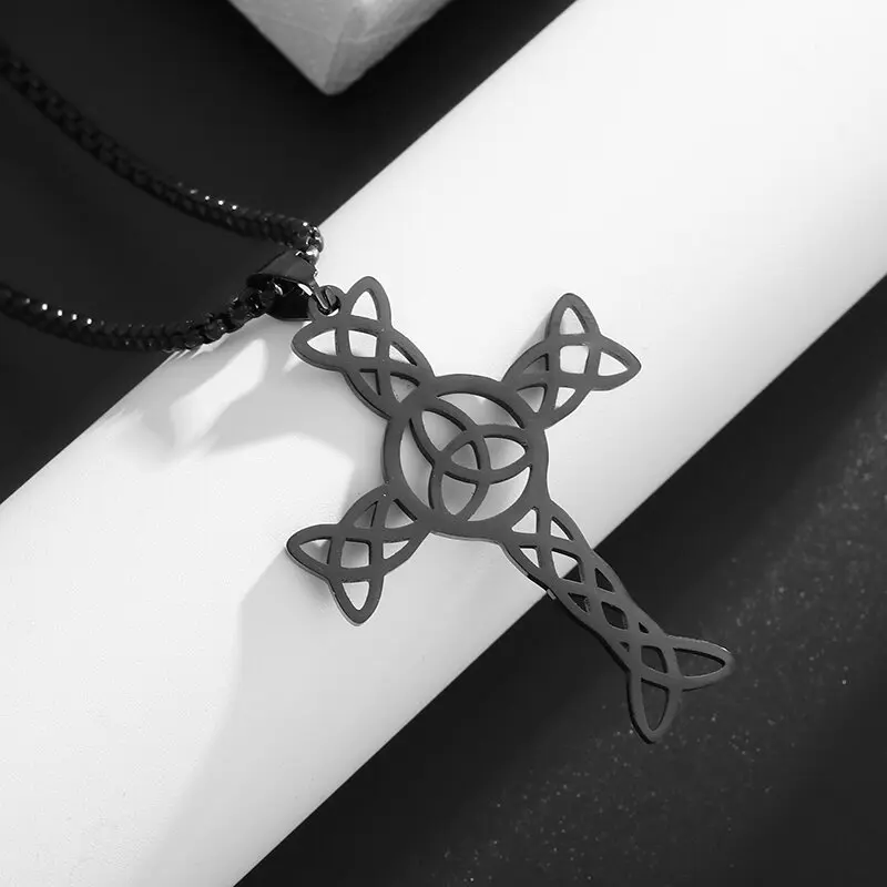Flongo Jeruzalem-kruis halsketting voor heren, roestvrij staal, religieuze hanger, zwart en zilver, christelijk cadeau
