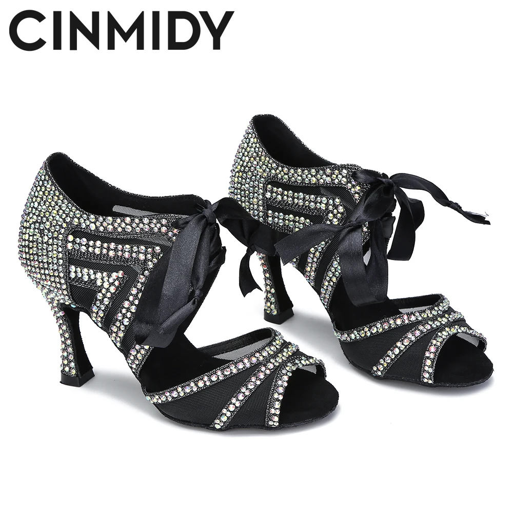 CINMIDY Ballroom Dance Shoes With Rhinestone Salsa Tango Shoes For Dancing High Heels Latin Dance Shoes Woman Indoor Sandals 4