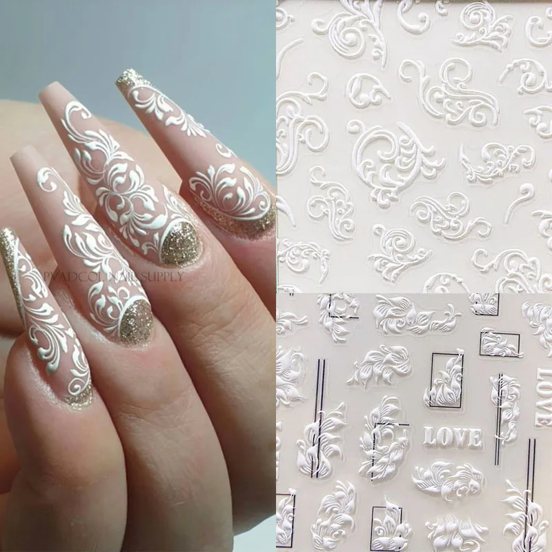 

3D Acrylic Engraved Nail Sticker Embossed White Self Adhesive Nail Art Sticker Decals Slider Decoration