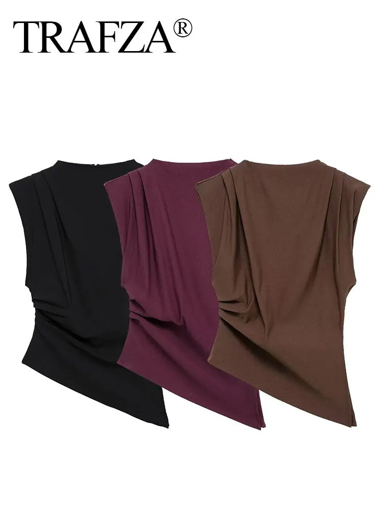 HH Women Vintage Solid Pleated Tank Tops Irregular Hem Sleeveless Tops Summer Fashion Lady High Street T-Shirt Chic Tops