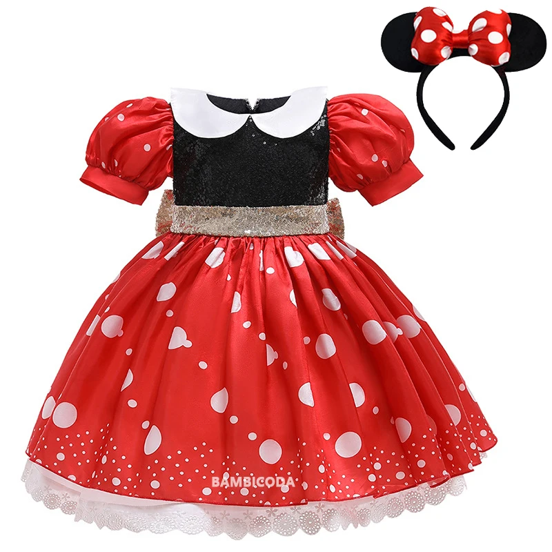 Girls Cosplay Princess Dress Christmas Carnival Polka Dot Mouse Stage Performance Dresses Kids Sequin Bowknot Min-nie Clothing