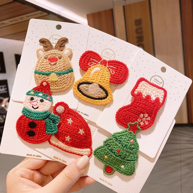 

Christmas Wool Knitted Flower Barrettes Crochet Handmade Embroidery Hairpin Side Bangs Clip Kids New Year Hair Clip Accessories