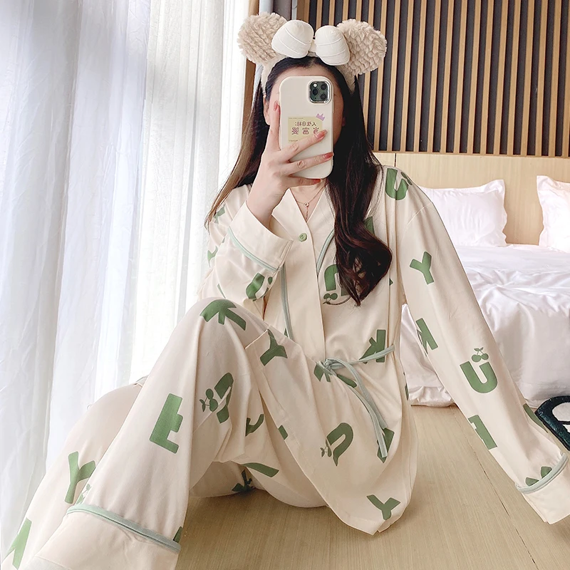 

New Spring Cotton Kimono Pregnant Homewear Suit Cartoon Postpartum Nursing Pajamas Set Maternity Breastfeeding Clothes Sleepwear