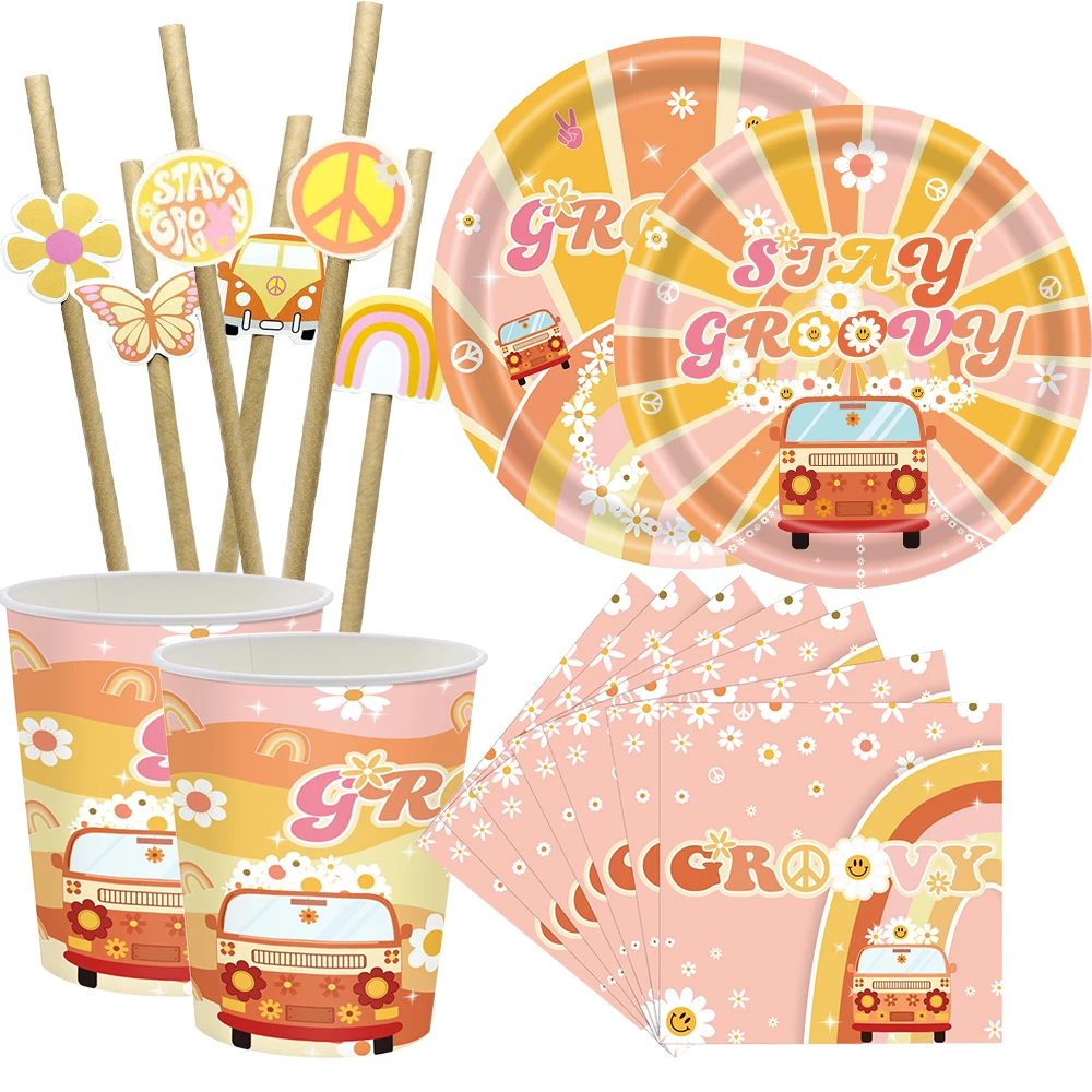 1set Hippie Bleiben Groovy Einweg Geschirr Papier Banner Strohhalme Für Böhmischen Hippie Alles Gute Zum Geburtstag Party Dekoration Versorgung
