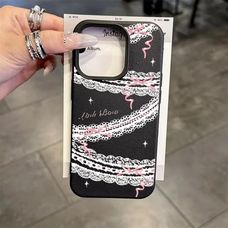Elegant Black Lace Print PU Leather Phone Case Cover
