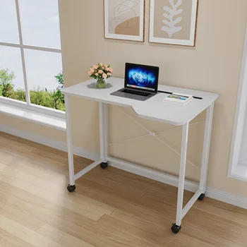 Folding Table with Wheels Movable Side Table Metal Legs Folding Desk with Locking Caster Wood Multi-Functional Study Table White