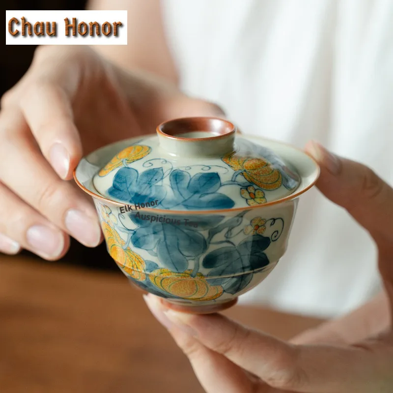 90ml Pure Hand-painted Pumpkin Gaiwan Elegant Tea Tureen Tea Bowl with Lid Kit Tea Brewing Cover Bowl Tableware Accessories Gift
