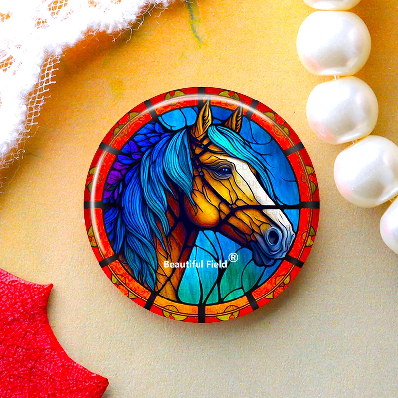 DIY Round Glass Cabochon Photo Set – Horse Design, Multiple Sizes