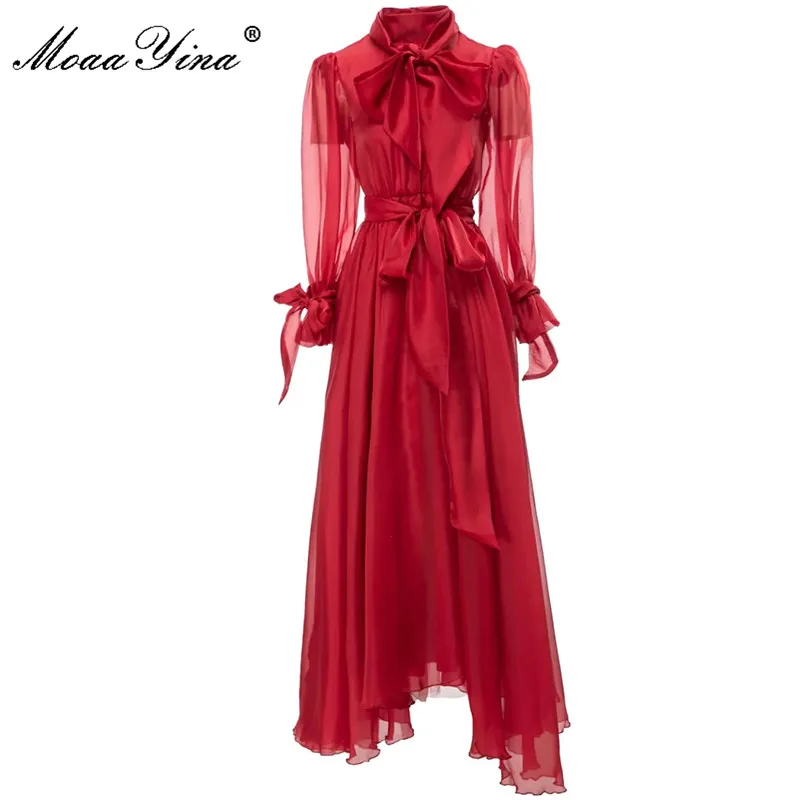 

MoaaYina New Fashion Designer Summer Women's Stand Collar Bow Collar Gauze Lantern Long Sleeve Asymmetry Lace-up Dresses