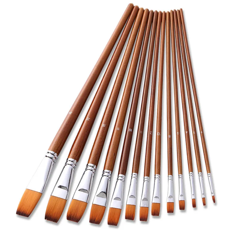 13pcs Flat Artist Paint Brushes Set Nylon Hair Long Wood Handle Painting Brush for Oil Acrylic Watercolor Gouache Art Supplies 12pcs artist watercolor painting brushes paint brush for nylon paint brushes oil acrylic flat