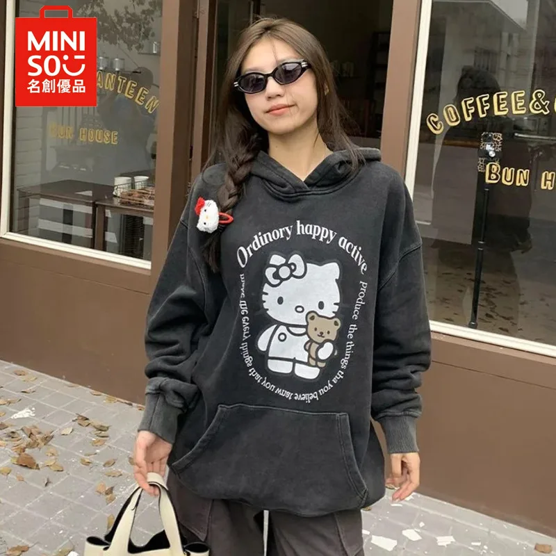 

MINISO футболка с капюшоном Hello Kitty y2k Свитшот Женская осенне-зимняя Толстовка в стиле гранж в стиле хип-хоп 90-х годов винтажная уличная одежда в стиле Харадзюку для девочек