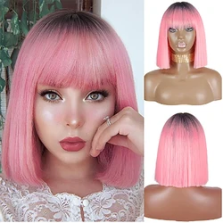HAIRJOY Synthetic Hair Short Straight Bob Wig Neat Bang Pink Ombre  Red Brown Blue Wigs for Women