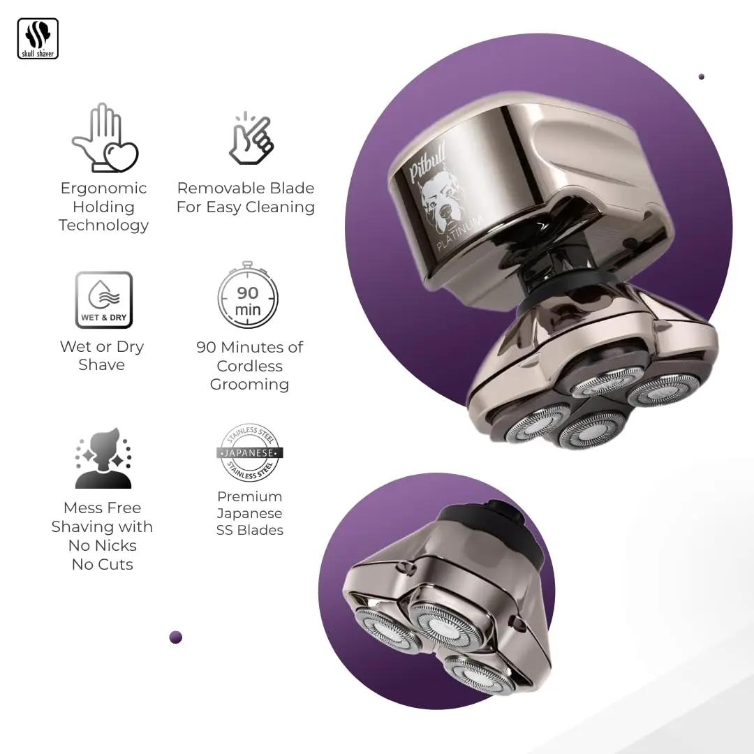 Shaver Pitbull Platinum Pro Head & Face Shaver with Extra Blade-Electric Razor/Shaver for Bald Head, Face & Body. Travel