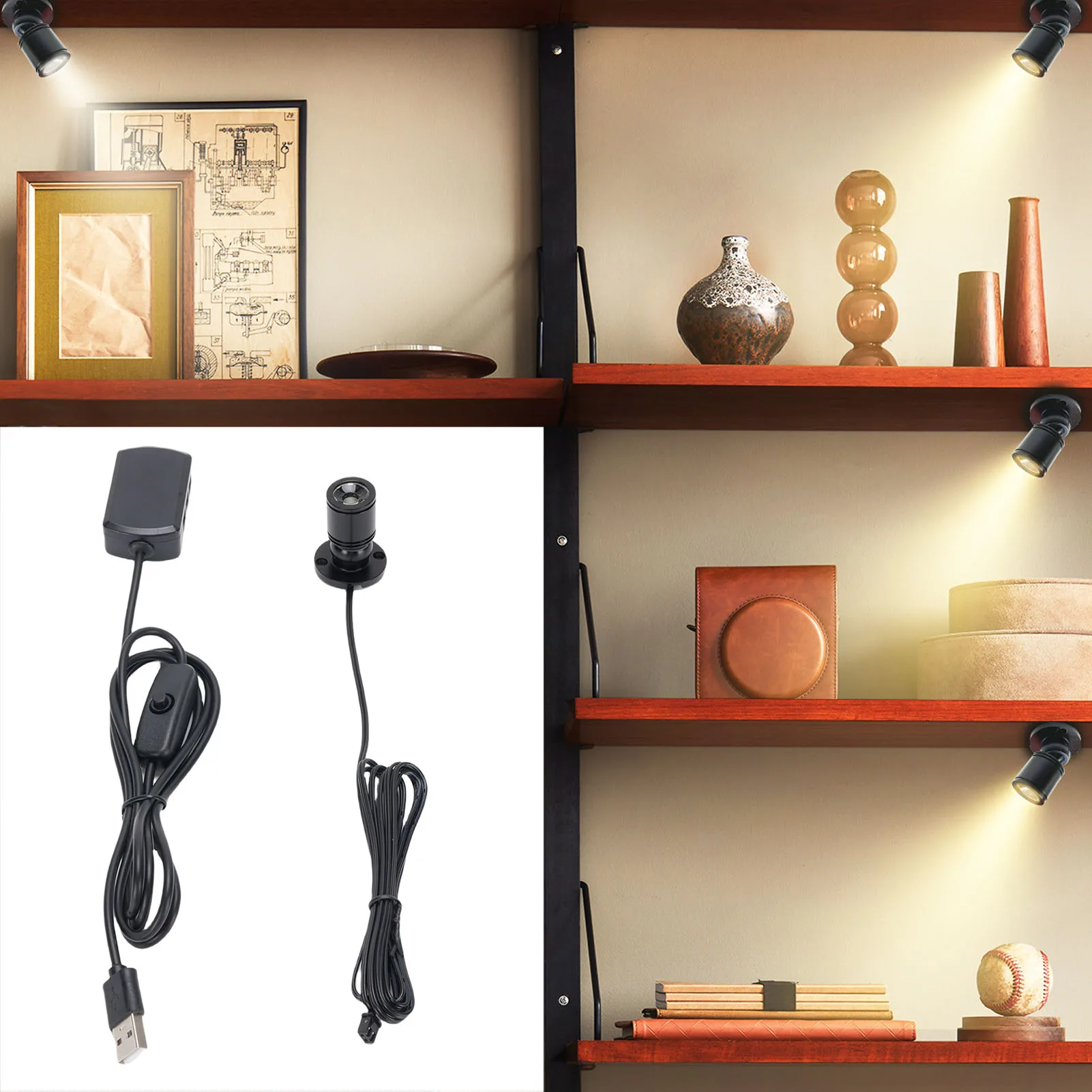 Jewelry Showcase Display Lights 5000 Hours Compact USB Mini Spotlight 360 Degree Rotatable 90LM Aluminum Alloy for Living Room