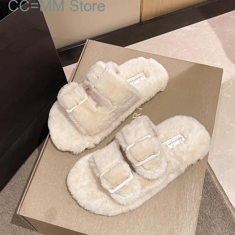 Winter Fashion Women Buckle Fluffy Slipper Casual  Platform Home Outside Soft Artificial Fur Slides Shoe New