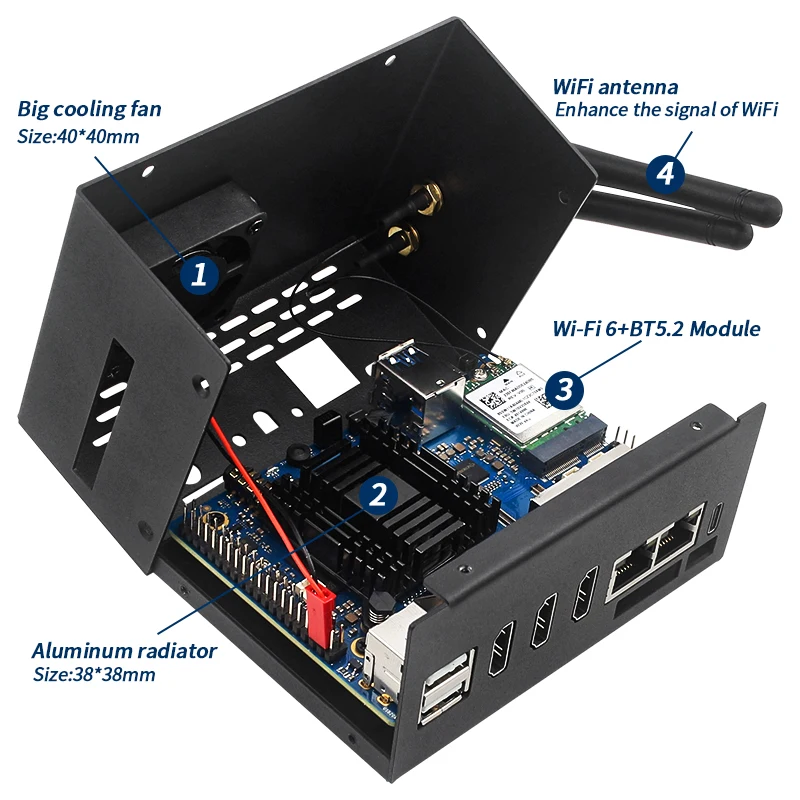 Laranja pi Além Disso Caixa de Metal com Ventilador de Refrigeração Ativo Antena Opcional Wi-fi6 Módulo Bt5.2 Metal Shell - Imagem 5