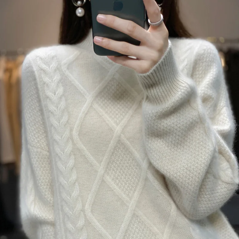 

100% Woolen sweater Women's half high collar long sleeved pullover sweater Diamond twisted casual versatile wool knitting base c