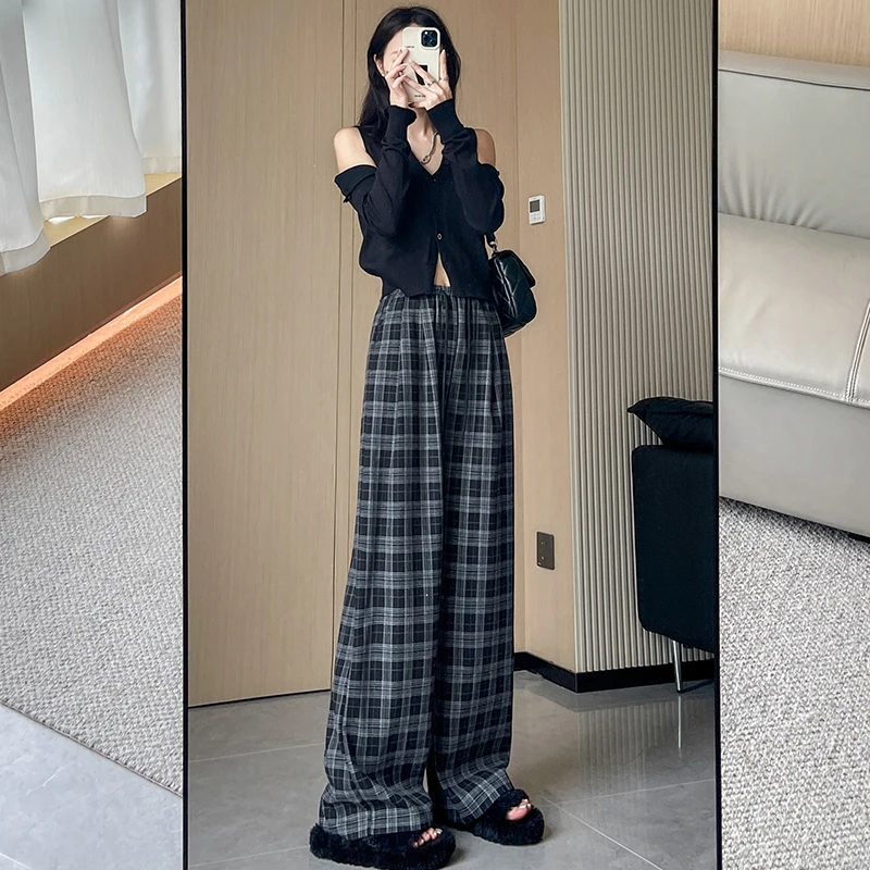 

New Autumn Winter Korea Plaid Woolen Pants Women British Style Wide Leg Versatile Loose Casual Pants Retro Straight Leg Pants