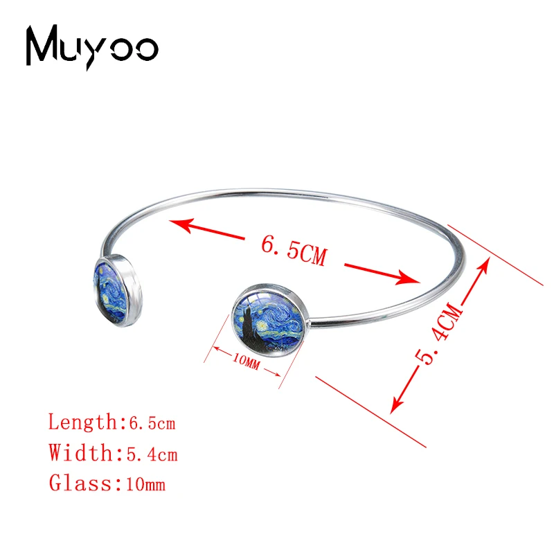 2023 New Arrival Fashion Van Gogh Starry Night Paintings Glass Dome Bangle Cuff Jewelry Handmade Golden Color Bangles 5