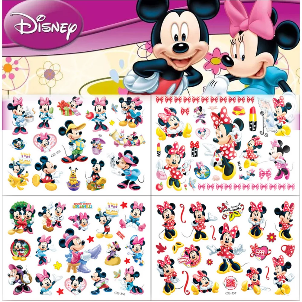 1Pcs Disney Cartoon Tattoo Mickey Mouse Stickers Kawaii Minnie Mouse Fake Tattoo Birthday Decoration Decals Kids Girls Toys Gift