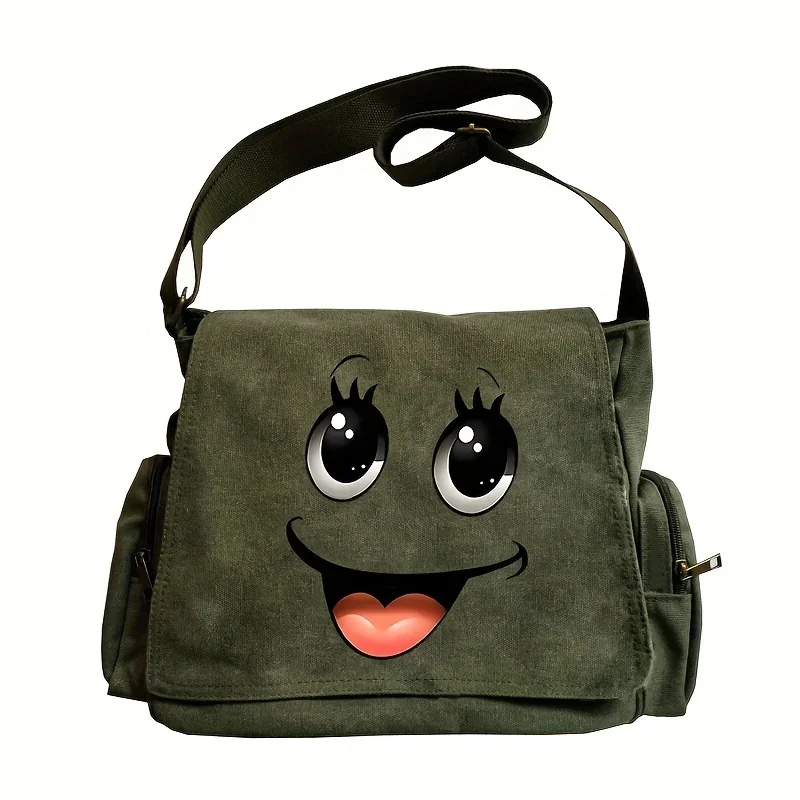 Cute Cartoon Print Adjustable Crossbody Shoulder Bag Large Capacity Canvas Bag Shopping Travel Bag For Women