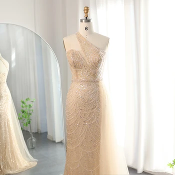 Luxury Dubai Nude One Shoulder Mermaid Evening Dresses with Overskirt Elegant Women Wedding Party Formal Gowns 134 2