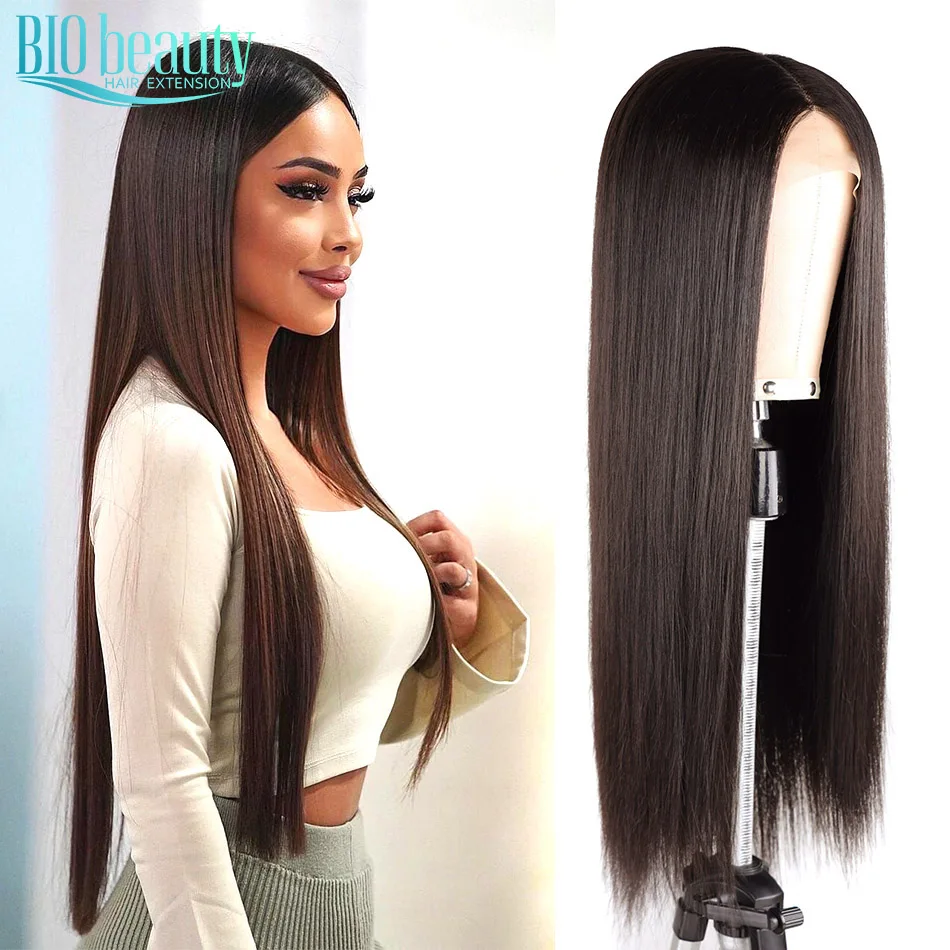 Long Black Synthetic Lace Front Wig For Women Natural Straight Hair Middle T Part Lace Wig Topline Cosplay Heat Resistant 28Inch