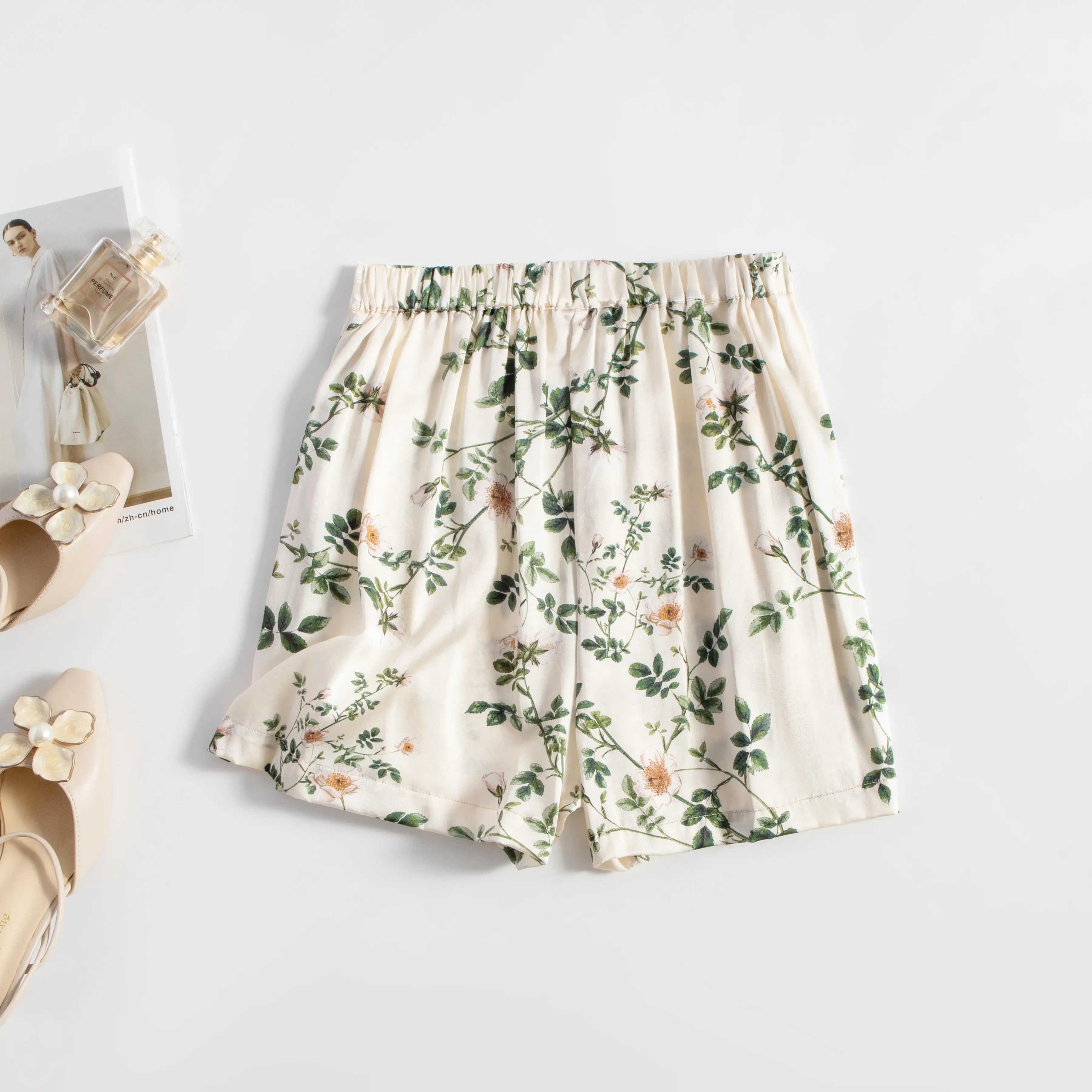 2024 Summer Cool Shorts 19MM 93%Natural Mulberry Silk Elastic Plain Satin Elastic Waist Pocket Design Casual Printing Pants